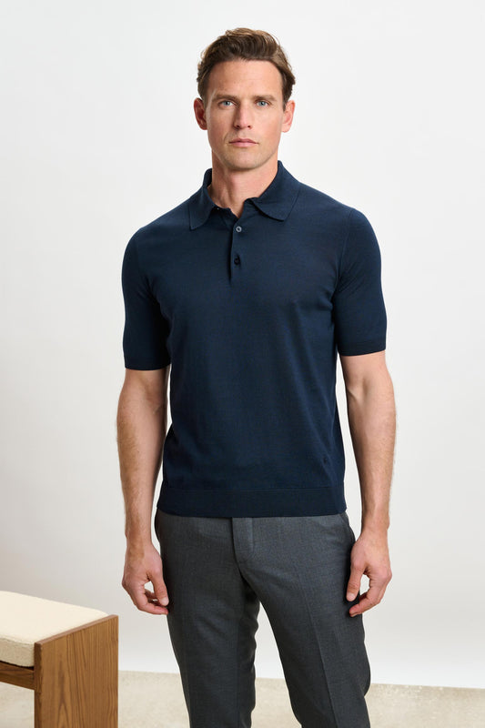Kendal Silk Knitted Short Sleeve 3 Button Polo Shirt Navy