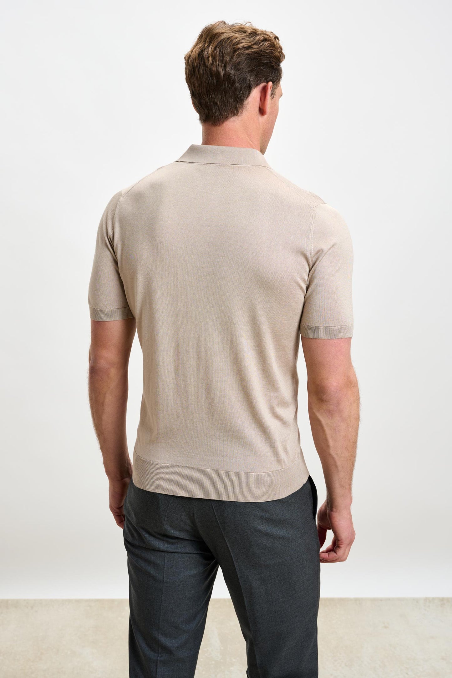 Kendal Silk Knitted Short Sleeve 3 Button Polo Shirt Wood Beige