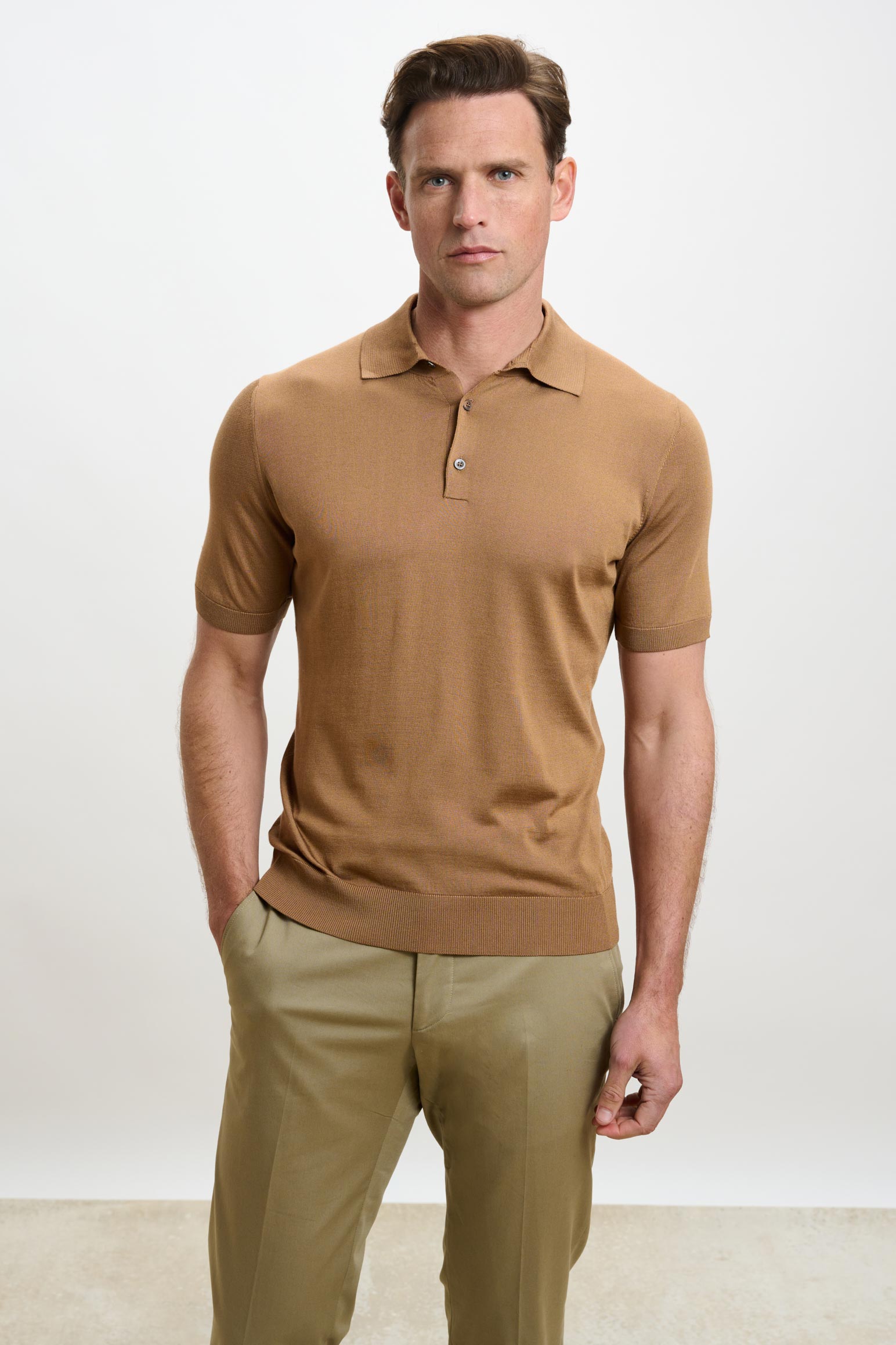Tobacco Silk Knitted Kendal Short Sleeve Button Polo Shirt