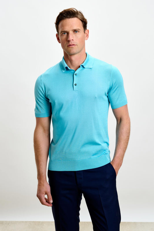 Kendal Silk Knitted Short Sleeve 3 Button Polo Shirt Turquoise Blue
