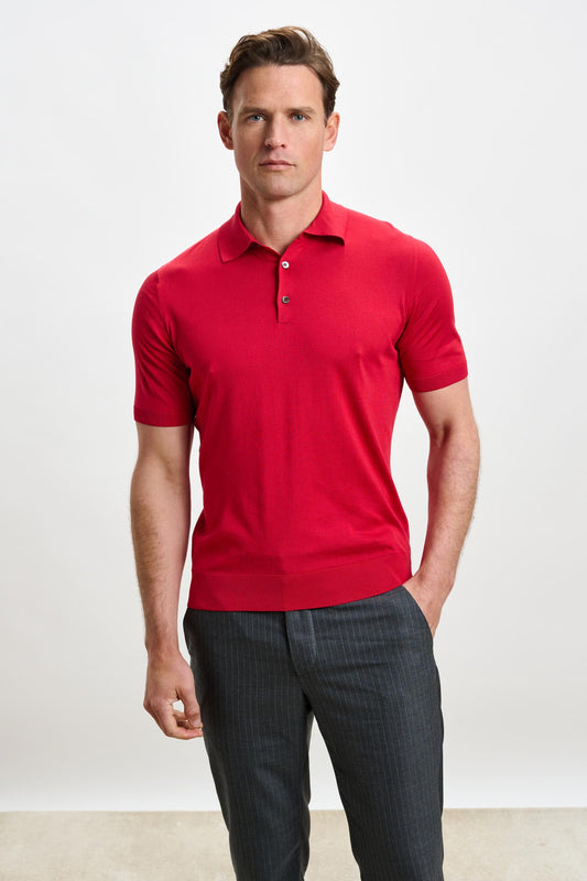 Kendal Silk Knitted Short Sleeve 3 Button Polo Shirt Carmine