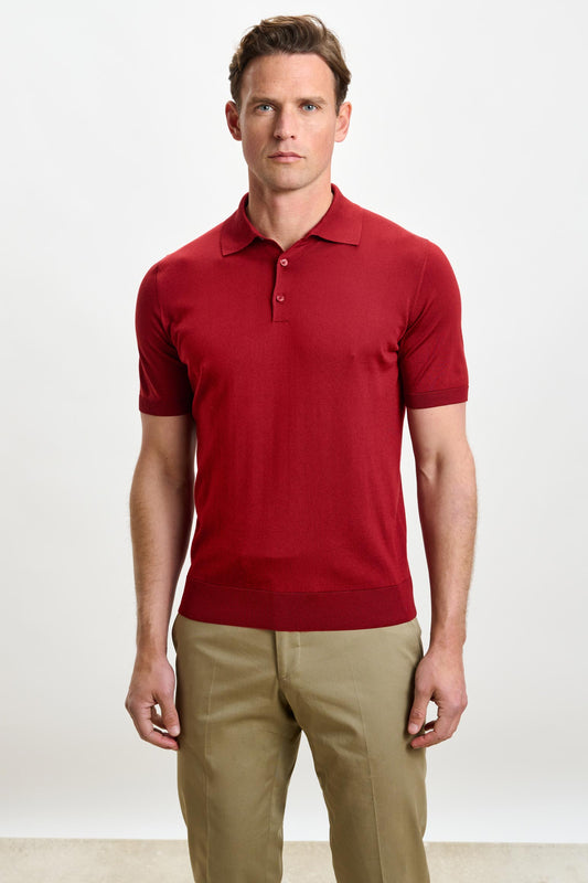 Kendal Silk Knitted Short Sleeve 3 Button Polo Shirt Red