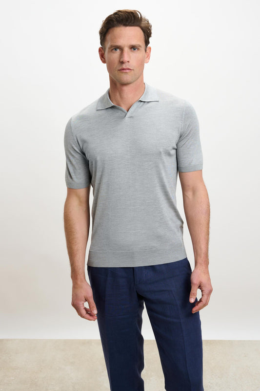 Cawdor Silk Knitted Short Sleeve Open Collar Polo Shirt Grey - View 2
