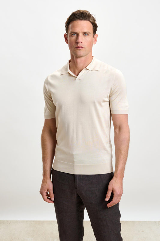 Cawdor Silk Knitted Short Sleeve Open Collar Polo Shirt Beige