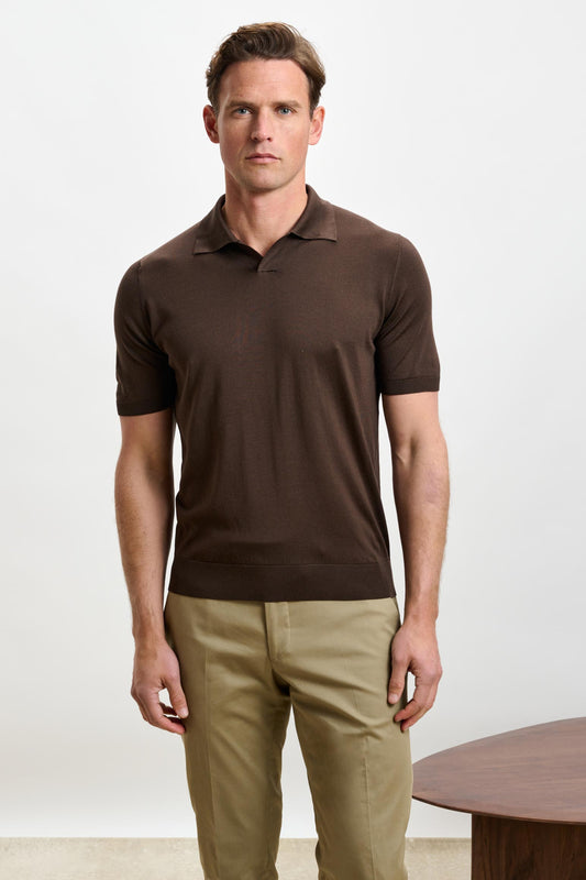 Cawdor Seidenstrick-Kurzarm-Poloshirt mit offenem Kragen Schokolade