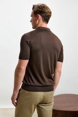 Cawdor Silk Knitted Short Sleeve Open Collar Polo Shirt Chocolate - View 3