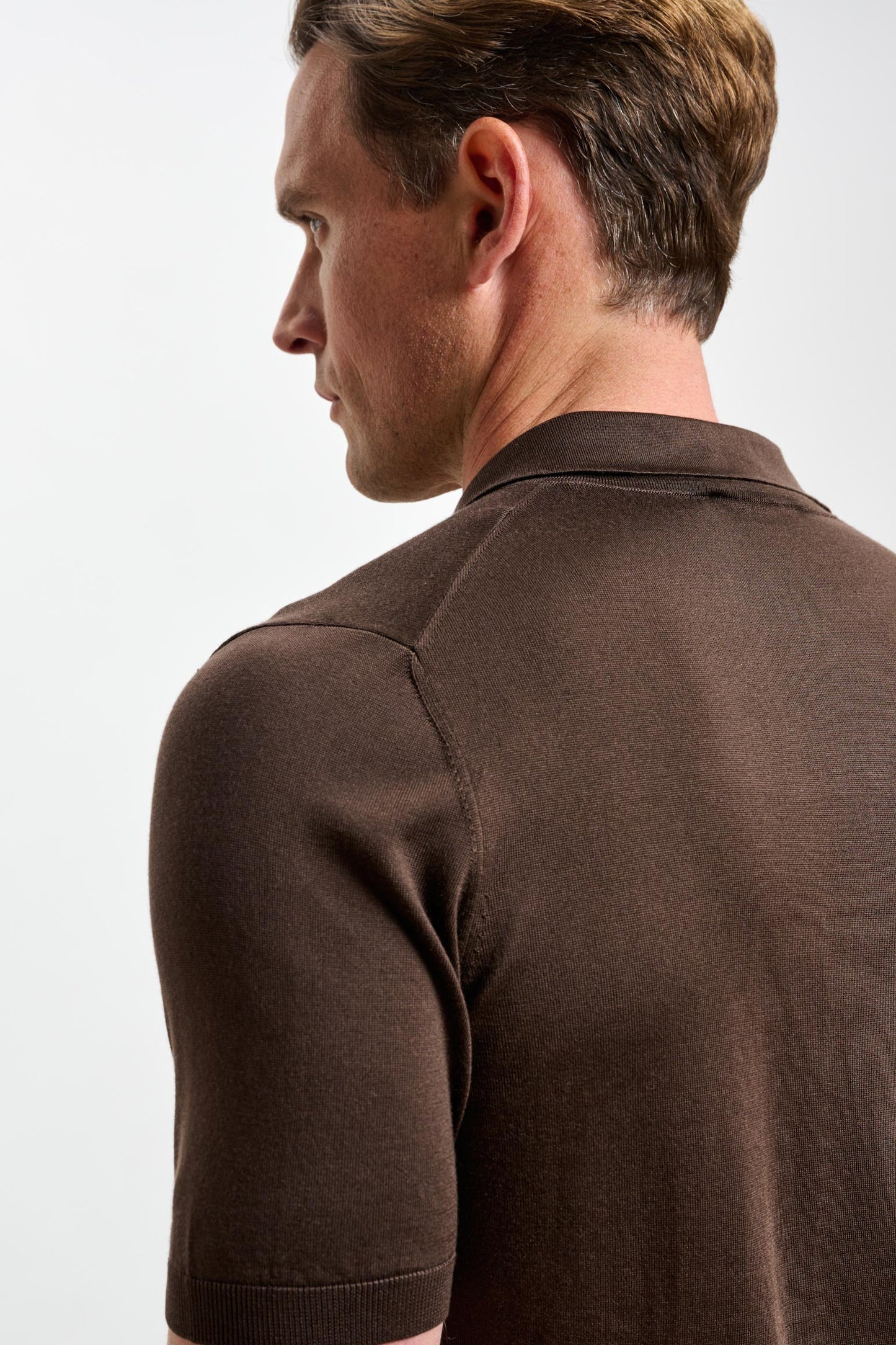 Cawdor Silk Knitted Short Sleeve Open Collar Polo Shirt Chocolate