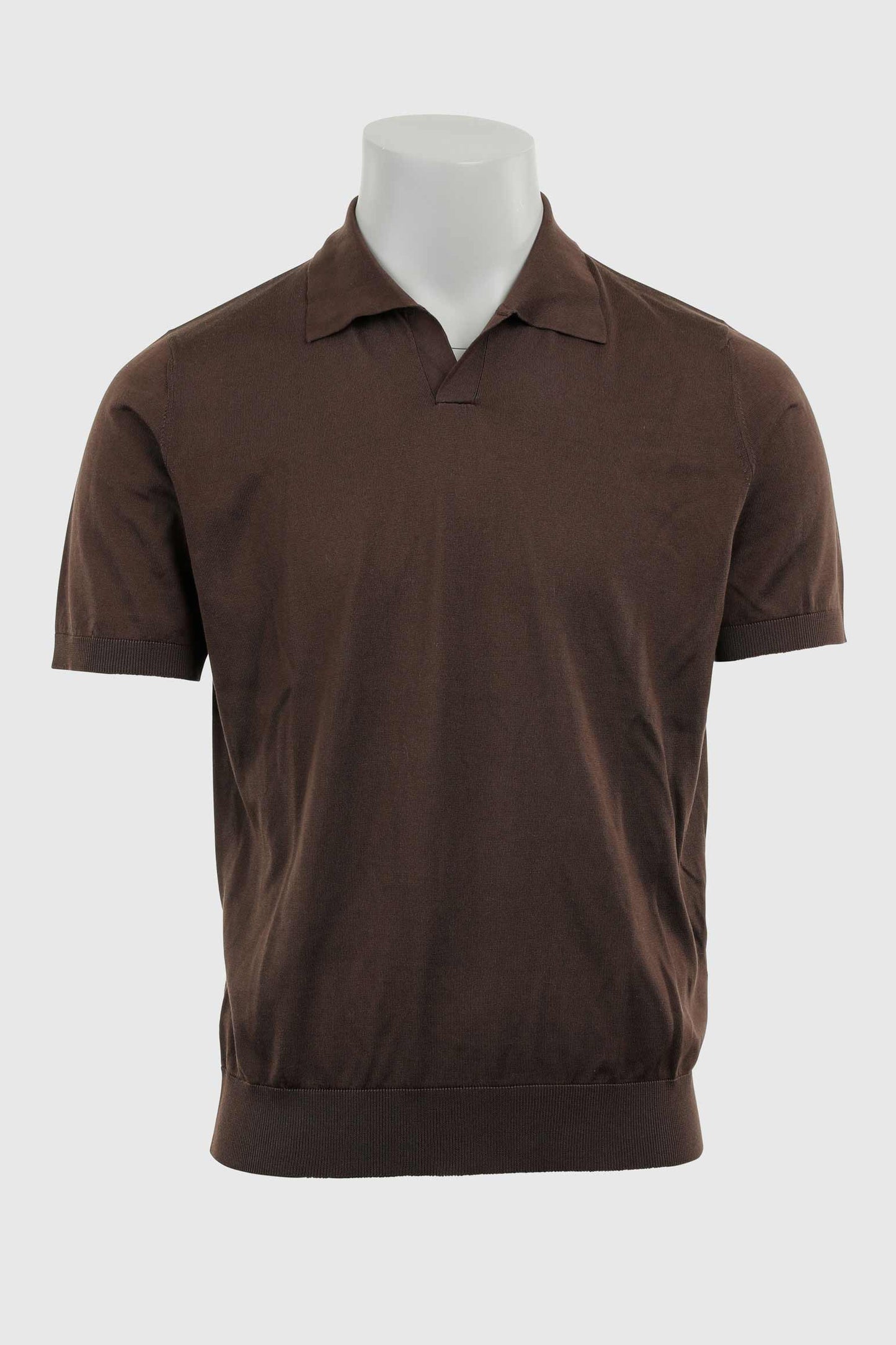 Cawdor Silk Knitted Short Sleeve Open Collar Polo Shirt Chocolate