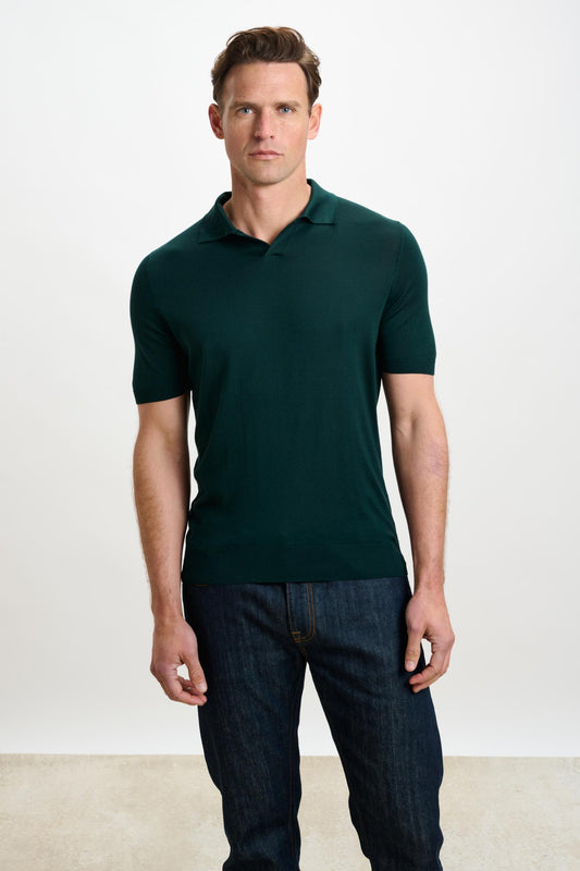 Cawdor Silk Knitted Short Sleeve Open Collar Polo Shirt Petrol Green