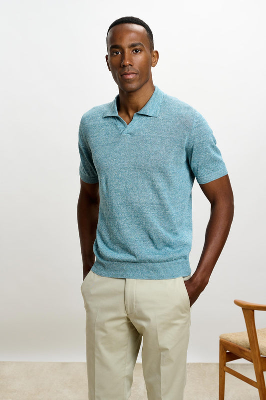 Cawdor Silk Knitted Short Sleeve Open Collar Polo Shirt Turquoise Blue