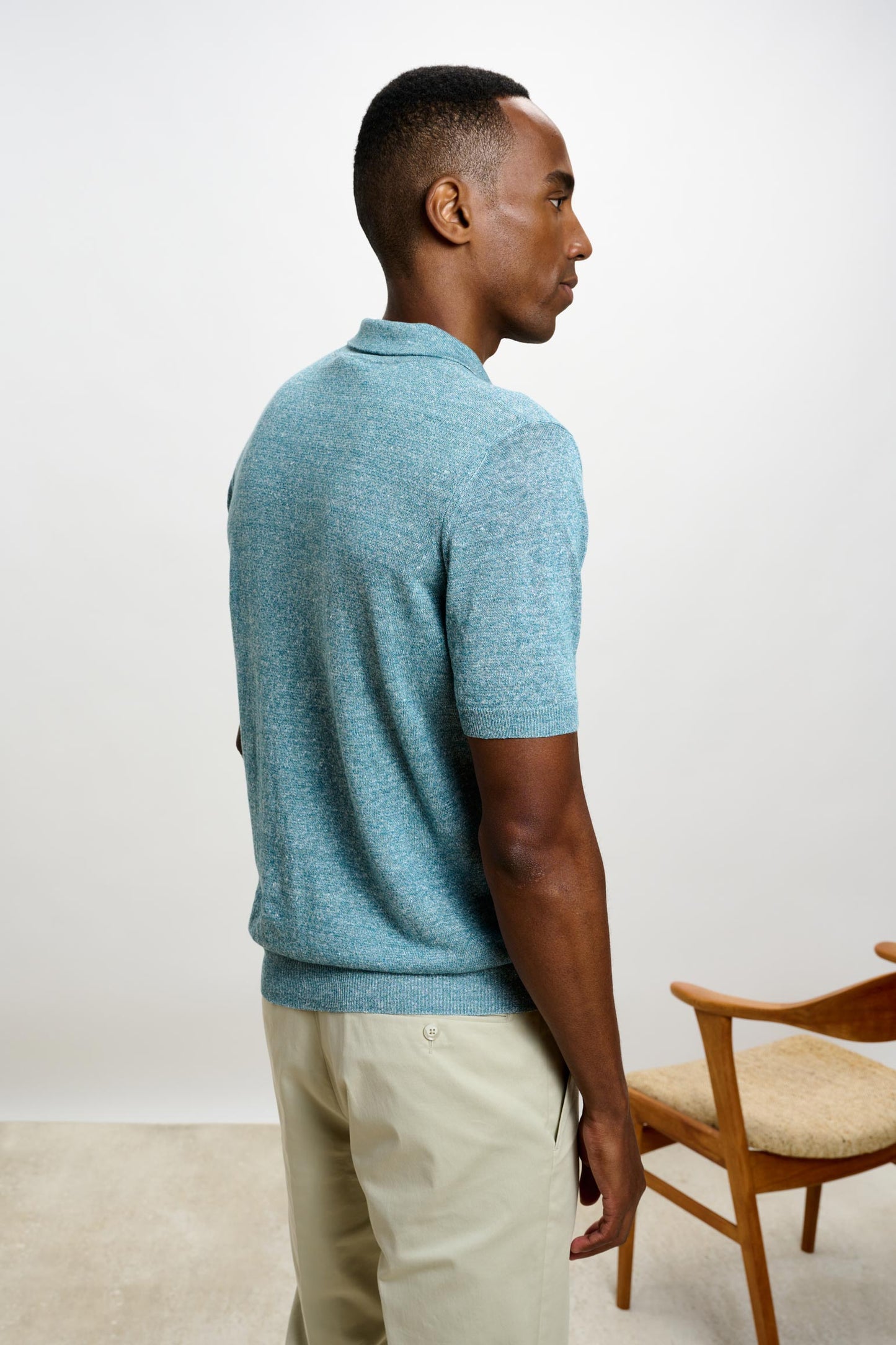 Cawdor Silk Knitted Short Sleeve Open Collar Polo Shirt Turquoise Blue