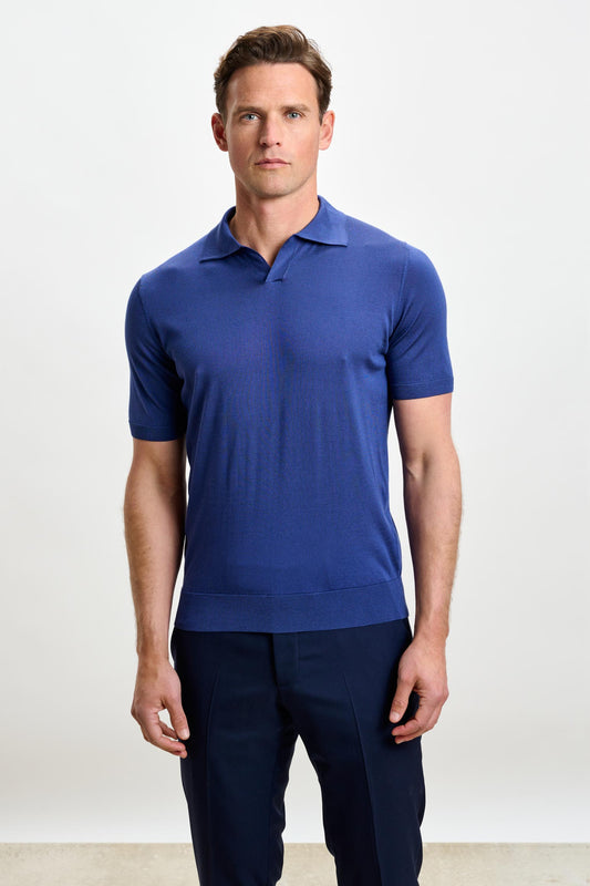 Cawdor Silk Knitted Short Sleeve Open Collar Polo Shirt Navy - View 2