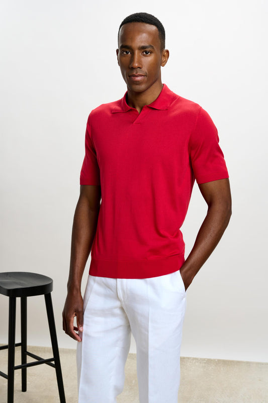 Cawdor Silk Knitted Short Sleeve Open Collar Polo Shirt Carmine - View 1