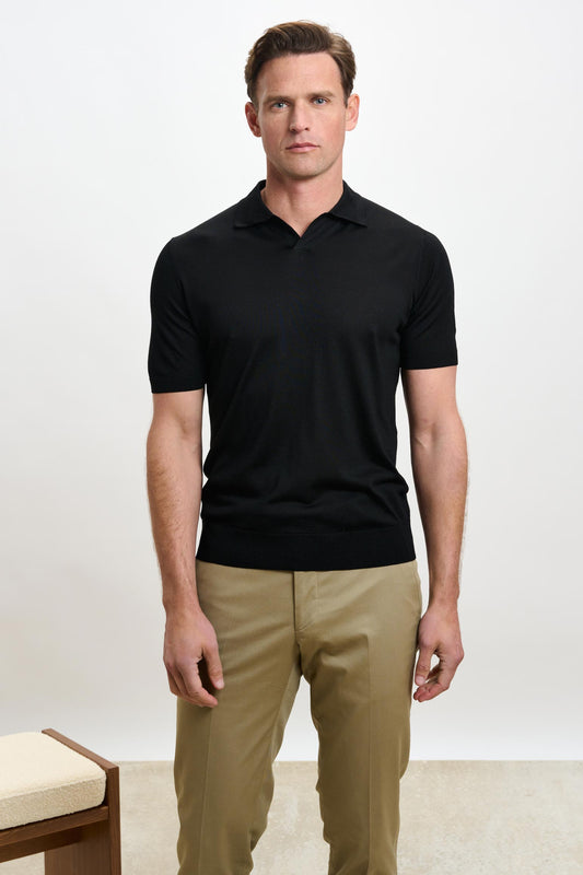 Cawdor Silk Knitted Short Sleeve Open Collar Polo Shirt Black