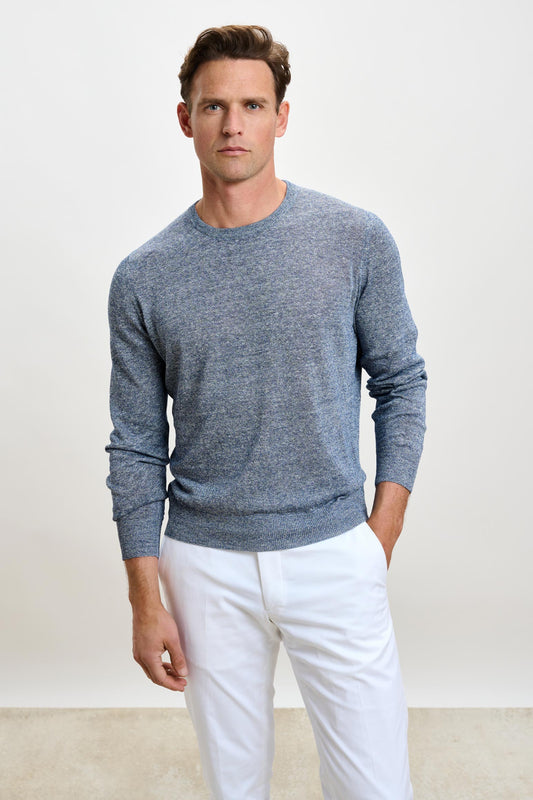 Linen Cotton Contin Knitwear Crew Navy Melange - View 1