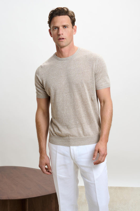 Sefton Linen Cotton Knitwear Crew Beige - View 2