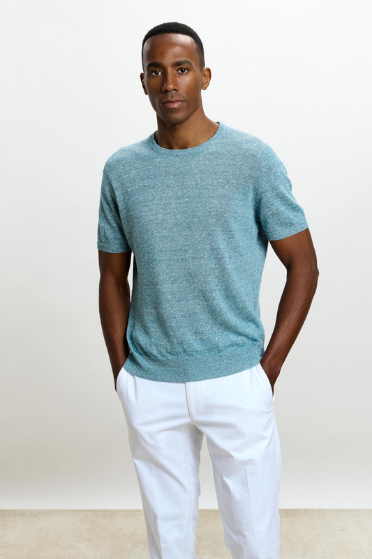 Sefton Linen Cotton Knitwear Crew Aquamarine - View 2