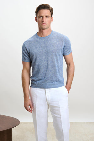 Sefton Linen Cotton Knitwear Crew Steel Blue - View 1