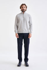 Light Grey Melange Wool & Cashmere Plockton Zipped Mock Neck Sweater - View 3