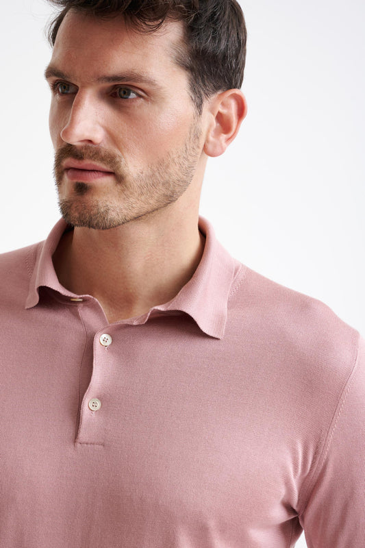 Rose Silk Harwich Knitted Long Sleeve Polo - View Three