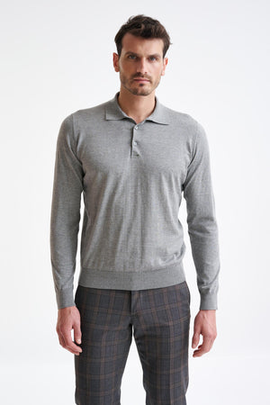 Smoke Grey Cotton Harwich Long Sleeve Knitted Polo - View One