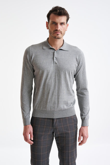 Smoke Grey Cotton Harwich Long Sleeve Knitted Polo - View One