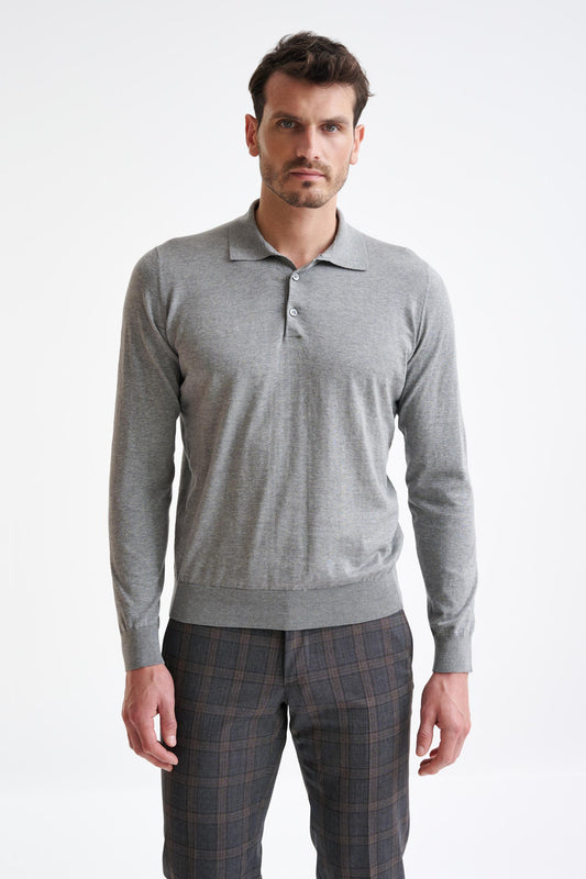 Smoke Grey Cotton Harwich Long Sleeve Knitted Polo - View One