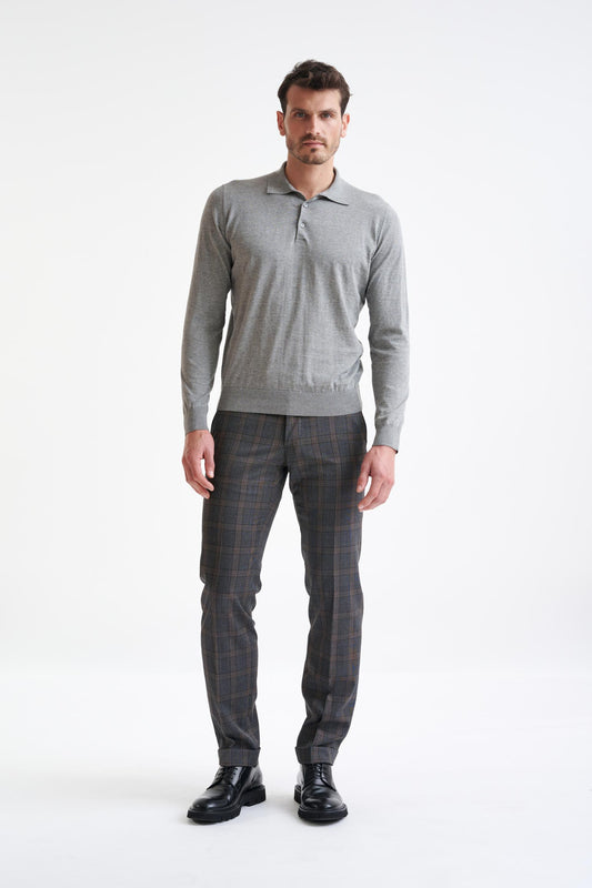 Smoke Grey Cotton Harwich Long Sleeve Knitted Polo - View Two