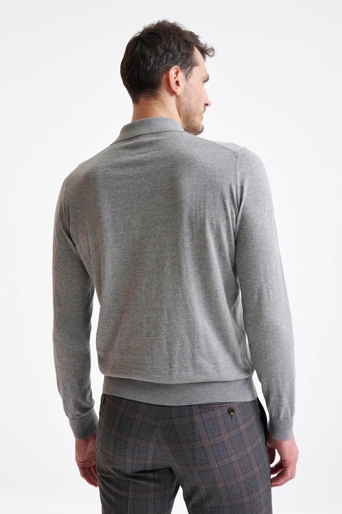 Smoke Grey Cotton Harwich Long Sleeve Knitted Polo - View Four