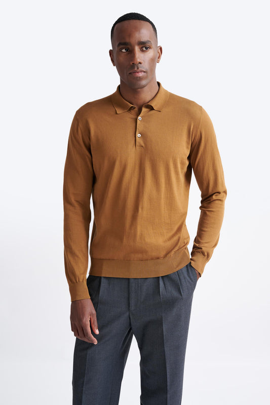 Brown Cotton Harwich Long Sleeve Knitted Polo - View One