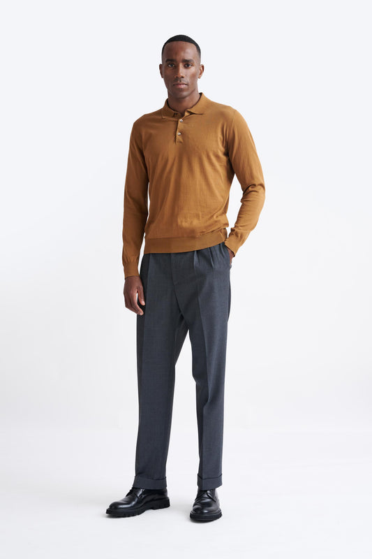 Brown Cotton Harwich Long Sleeve Knitted Polo - View Two