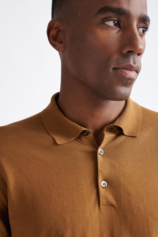 Brown Cotton Harwich Long Sleeve Knitted Polo - View Three