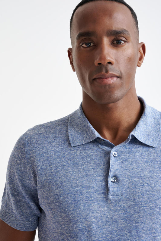 Steel Blue Linen Cotton Rye Polo Shirt - View Three