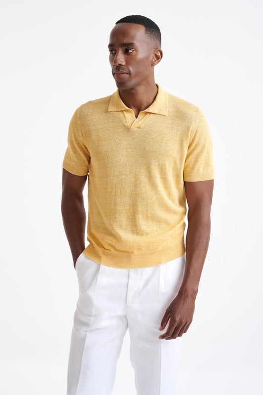 Yellow Melange Linen Cotton Rye Polo Shirt - View One