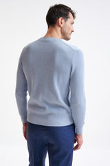 Light Blue Melange 100% Cotton Rib Harrow Knitted Sweater - View Four
