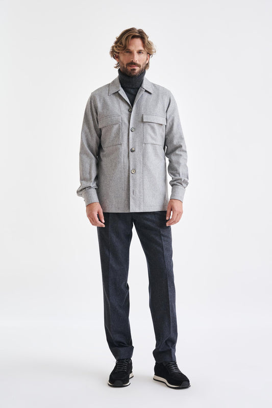 Grey Super 100's Wool Shirt Jacket Flannel Saxony - View 1