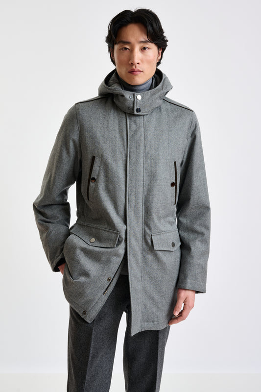 Grey 100% Technical Wool Flannel Bedford Parka - View 2