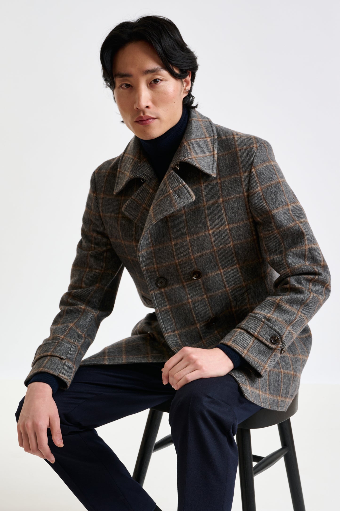 Check Grey Wool Nelson Peacoat - View 8