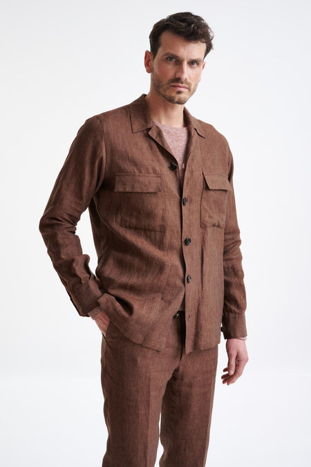 Brown Pure Linen Plymouth Shirt Jacket - View One