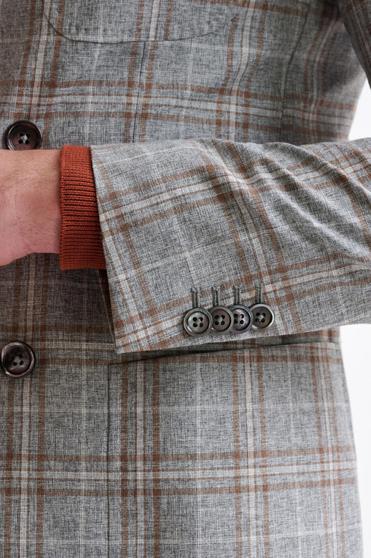 Grey Brown Check Wool & Cotton Kenton Jacket Lifestyle - View Five