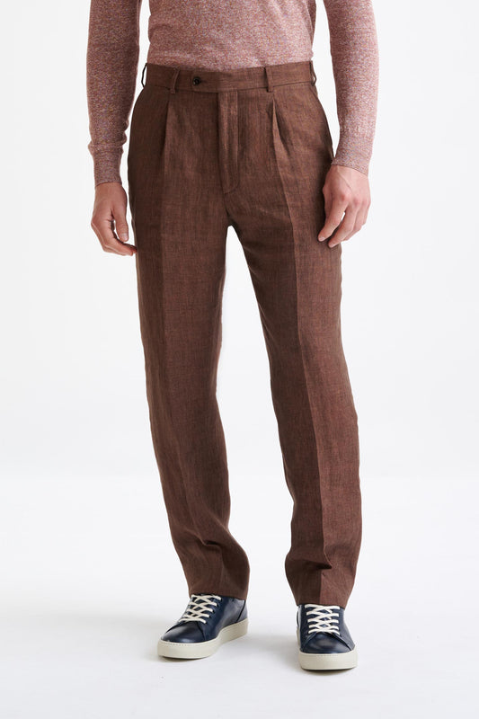 Brown Linen Farley Trousers Pure Linen - View One