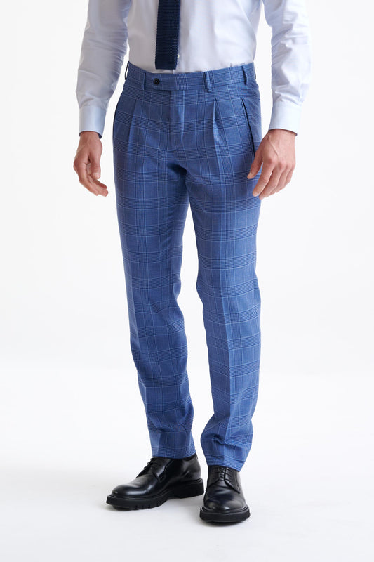 Check Blue Super 130's Wool Farley Trousers Mosaic - View One