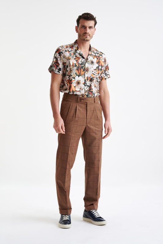 Brown Check Wool & Cotton Farley Trousers Lifestyle - View One