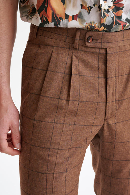 Brown Check Wool & Cotton Farley Trousers Lifestyle - View Two