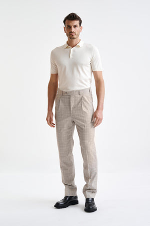 Brown Cream Check Wool & Cotton Farley Trousers Lifestyle - View One