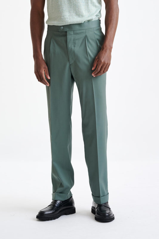 Sage Green Super 100's Wool Farley Trousers New Deluxe - View One
