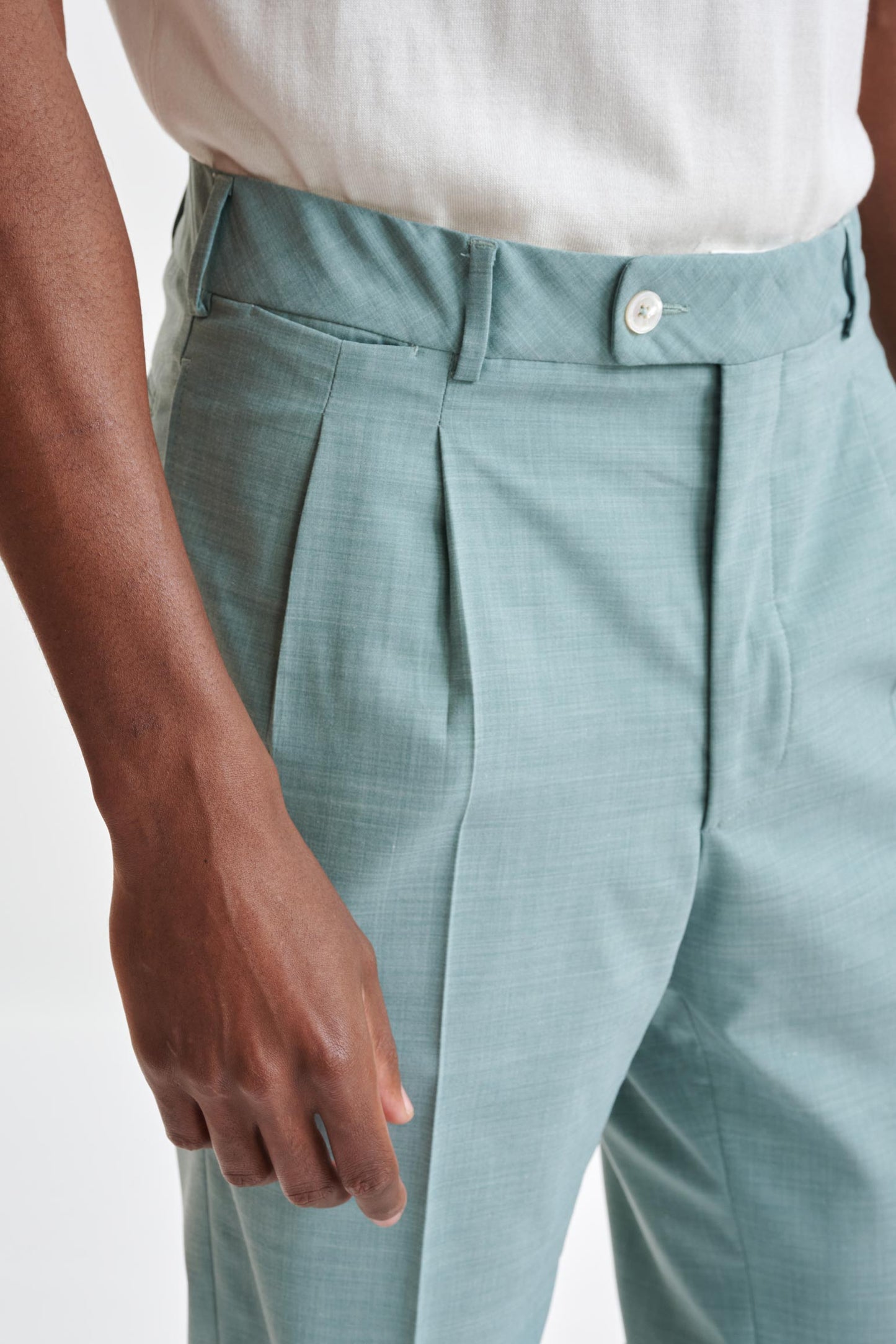 Sage Green Wool Farley Trousers Dynamic - View Three