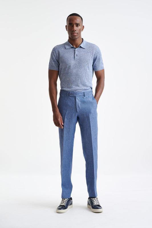 Mid Blue Linen Farley Trousers Pure Linen - View Two