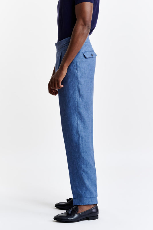 Medium Blue 100% Linen Zeals Trousers Pure Linen Image 3