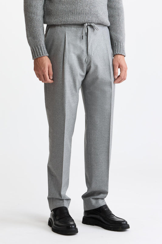 Pantalon à cordon de serrage gris clair 100 % laine Super 120's, flanelle et saxony